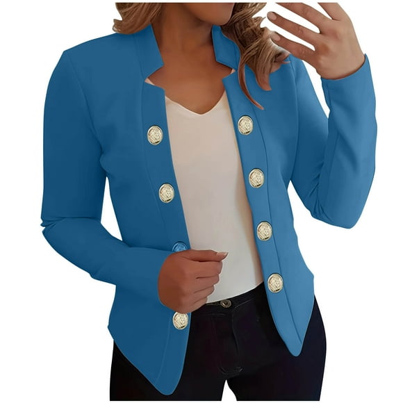 LMKIHUSA Dressy Coats for Women Long Sleeve Notch Collar Cardigan Blazer Open Front Office Work Jackets Plain Button Up 2025 Outerwear Blue,L