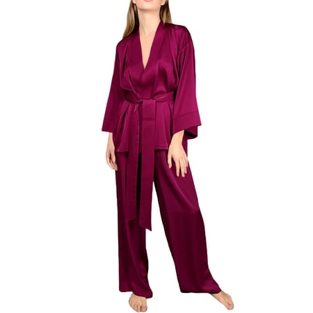 

JBEELATE Women s Silk Satin Pajamas Set 2Pcs Solid Color V-Neck Long Sleeve Tops and Pants Nightwear Sets with Belt