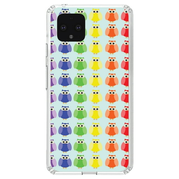 DistinctInk Clear Shockproof Hybrid Case for Google Pixel 4 XL (6.3" Screen) - TPU Bumper, Acrylic Back, Tempered Glass Screen Protector - Rainbow Owls Cartoon - Cartoon Owls