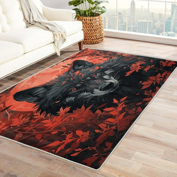 Wolf Rugs for Bedroom - Washable Rugs Wolf Rug & Home Decor, 4x6 Rug, Jungle Animal Wolves Rugs for Living Room Bedroom, Non Slip Soft Low Pile Large Indoor Area Rug, Wildlife Carpet