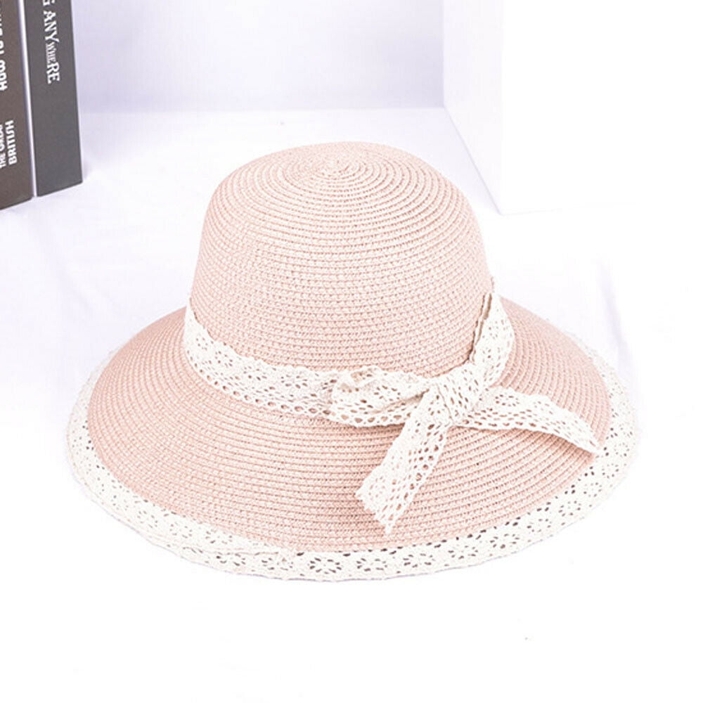 Girl Women's Boho Bow Lace Straw Hat Beach Straw Wide Brim Beach Cap