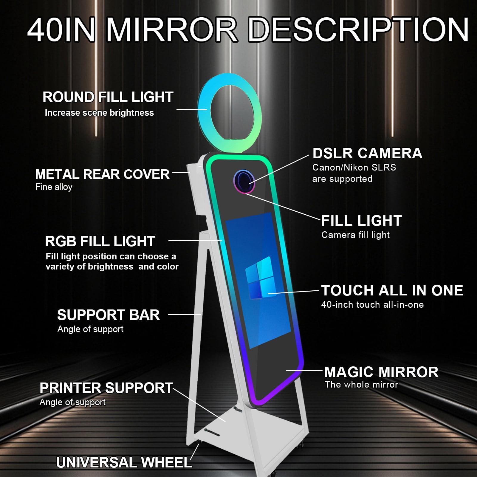 PAAFNN 40" Photobooth with 21.5" Touch Screen Selfie Machine Ring Light for Party Events
