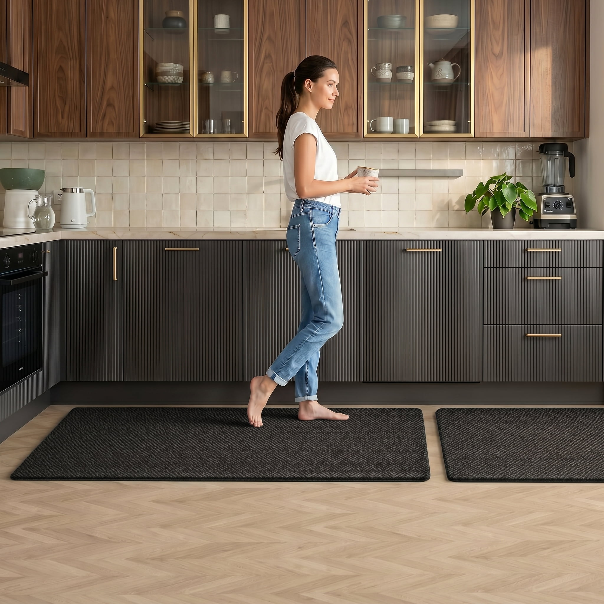 Kitchen mats for Floor, 2PCS Kitchen Rugs Non-Slip Water and Oil Absorbent Runner Rugs for Kitchen, Floor, Office, 17.3"x30"+17.3"x47", Black