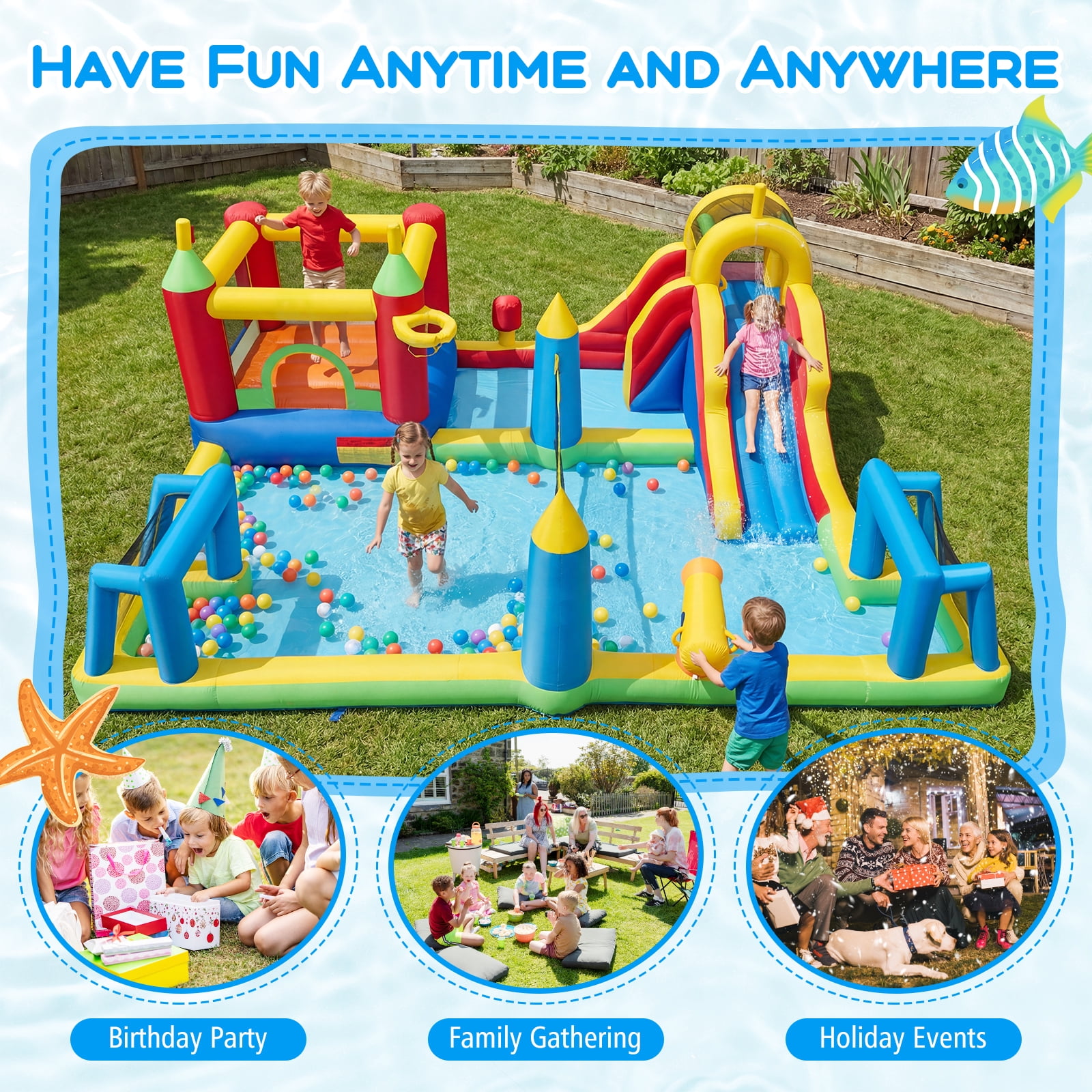 Patiojoy Inflatable Water Slide Park 9-in-1 Giant Bounce House w/ Jumping Area Splash Pool without Blower