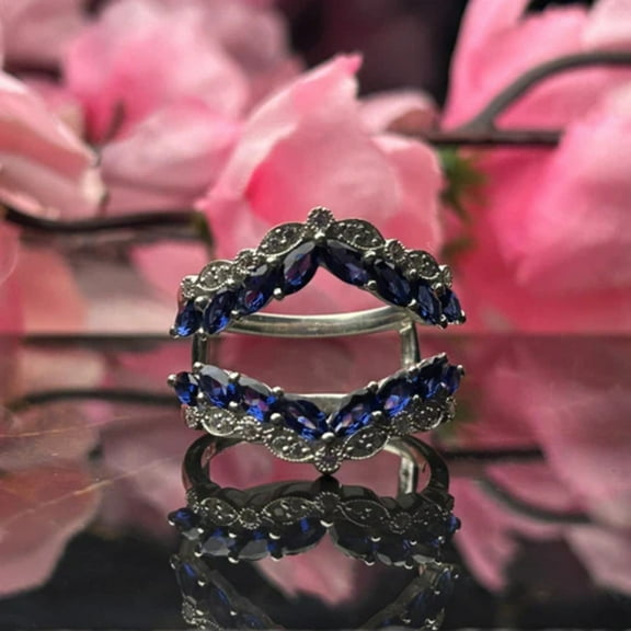 Art Deco White Diamond & Blue Sapphire Ring Guard in 925 Sterling Silver Wedding Ring