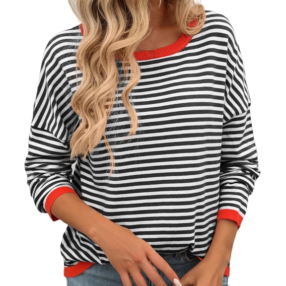 MESSUEN Crew Neck Sweater for Women Striped Sweater Long Sleeve Sweaters for Women Summer Tank Tops for Women Womens Tops Casual Basic Tops for Women's Tops Black L