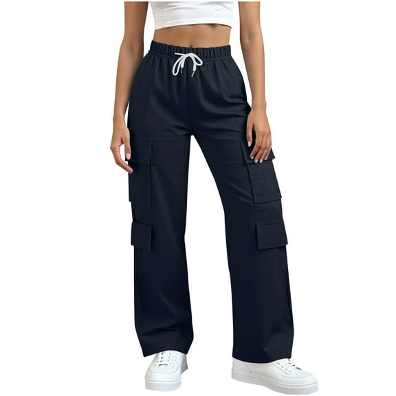 Arlun Cargo Sweatpants for Women Lightweight Casual Wide Leg Baggy Pants Travel Workout Drawstring Elastic Waisted Hiking Joggers with Pockets Navy XL