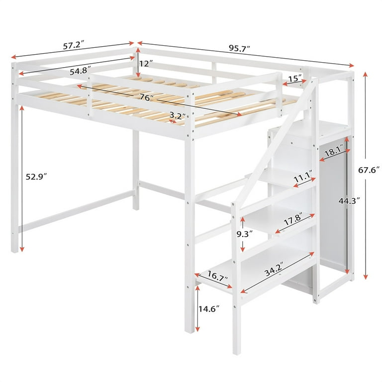 Full Size Loft Bed with Stairs Solid Wood Loft Bed Frame with Built in Storage Wardrobe and Staircase Multifunctional Loft Bed with Full Length
