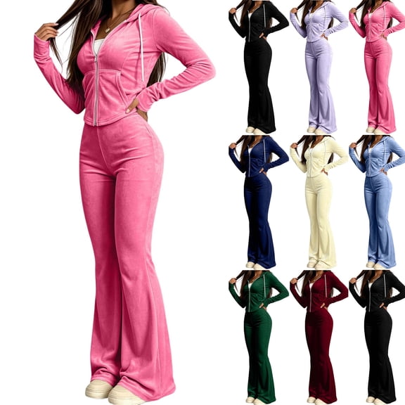 Women's Y2K Velvet Tracksuit Two Piece OutfitS Zip‑Up Hooded Crop Jacket High Waist Flare Pants Soft Velour Casual Athletic Street Sets Wine