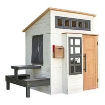 KidKraft Modern Outdoor Wooden Playhouse with Picnic Table, Mailbox and Outdoor Grill, White & Raven