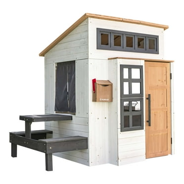 KidKraft Modern Outdoor Wooden Playhouse with Picnic Table, Mailbox and Outdoor Grill, White & Raven