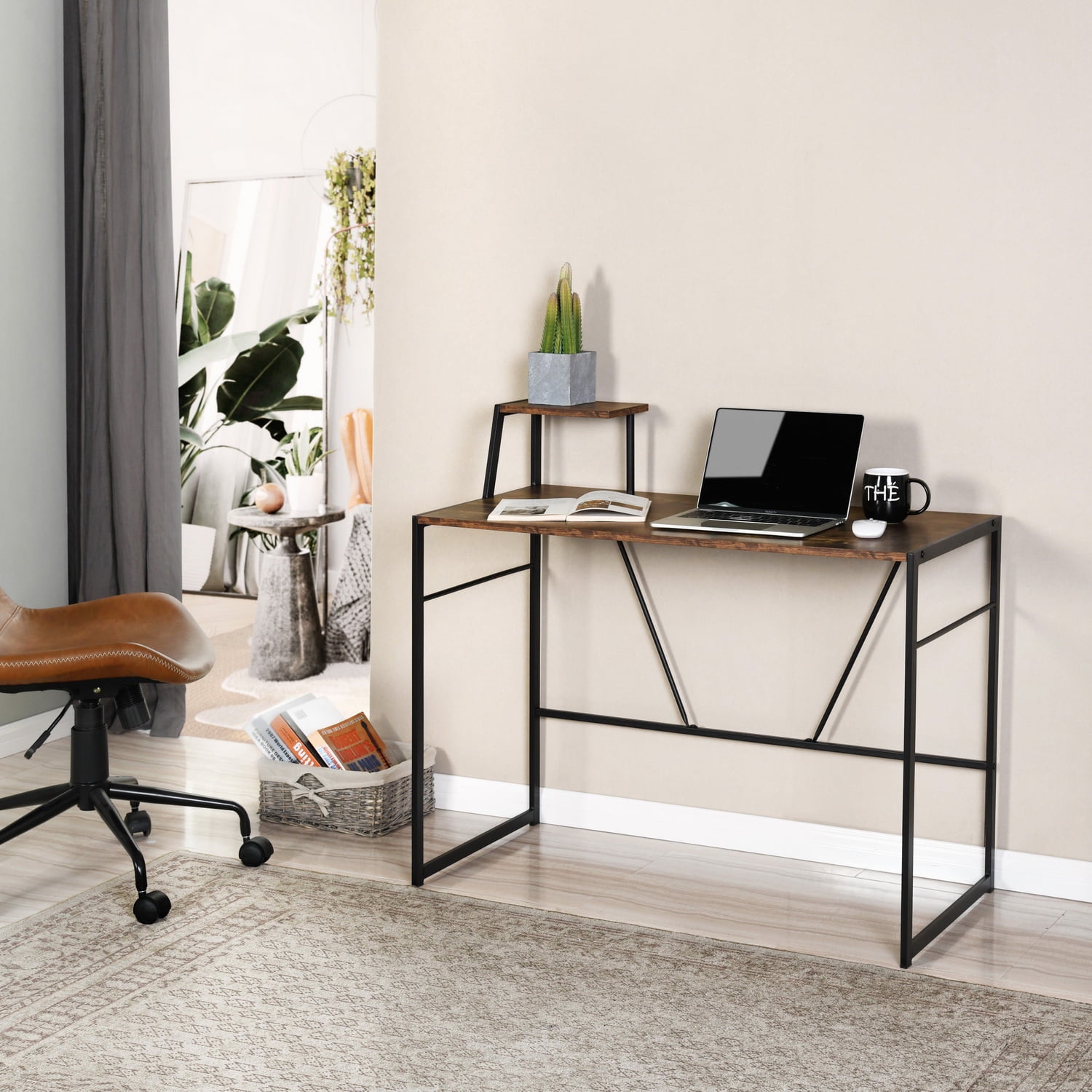 Kepooman Computer Desk, Modern Simple Style Desk for Home Office, Sturdy Writing Desk, Walnut Color Kepooman Computer Desk, Modern Simple Style Desk for Home Office, Sturdy Writing Desk, Walnut Color