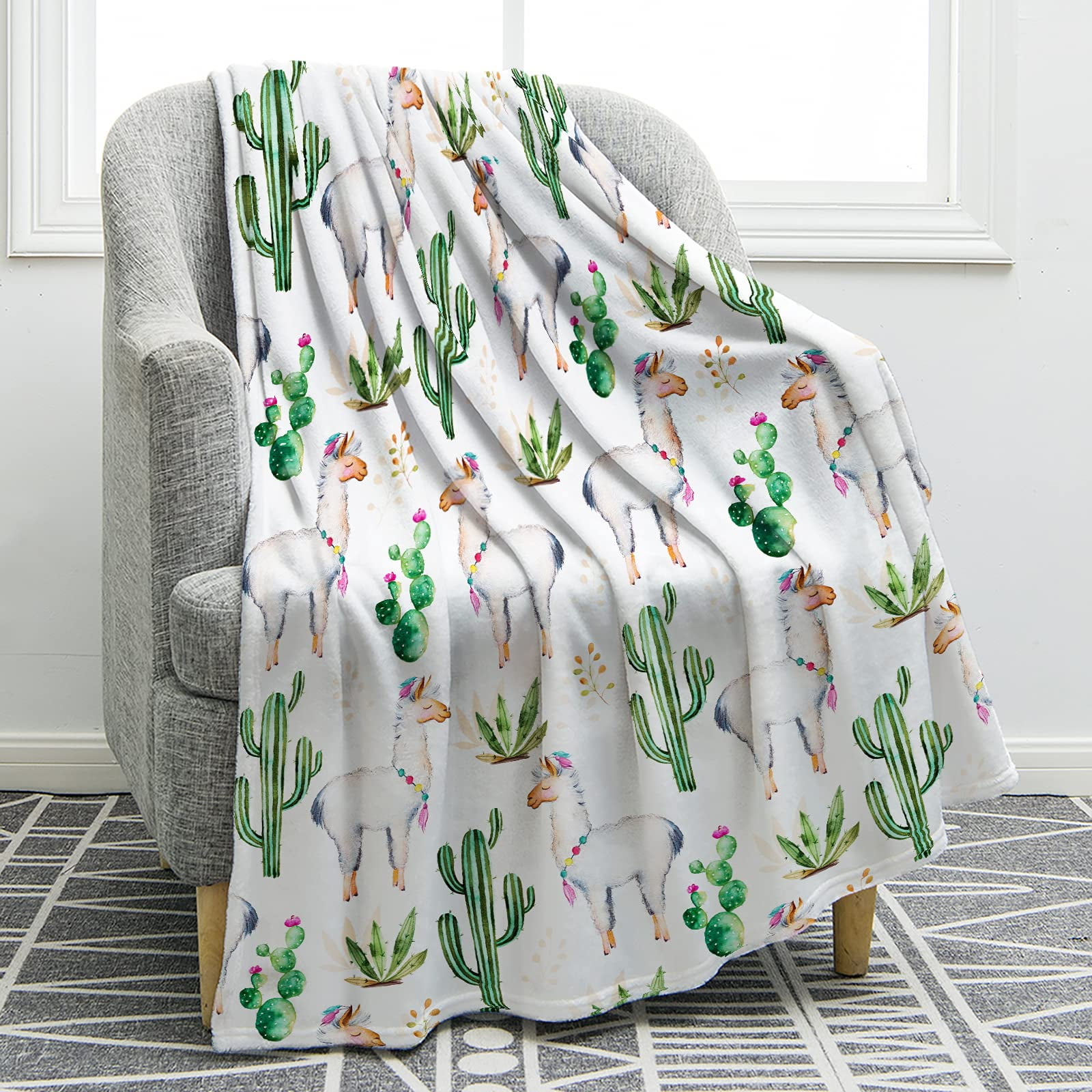 Cute Cartoon Alpaca Llama Blanket Soft Warm Print Throw Blanket for