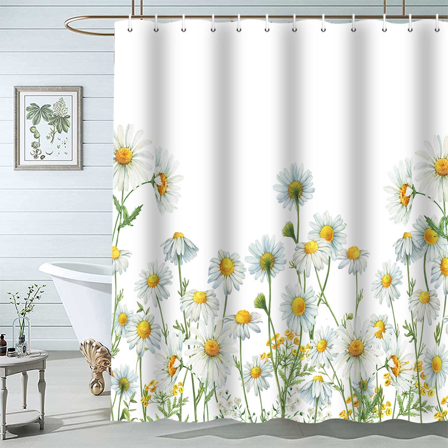 Spring Floral Fabric Shower Curtain, Daisy Flowers White Yellow Bathroom Shower Curtain Sets, Plants Bathtub Waterproof Curtains Decor with Hooks,72X75 inch