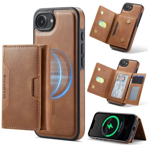For iPhone 16e/17e Case Compatible with MagSafe, Detachable Magnetic 2 in 1 Wallet Card PU Leather Back Flip Cover with Kickstand RFID Blocking Shockproof TPU Bumper for Men Women,Brown