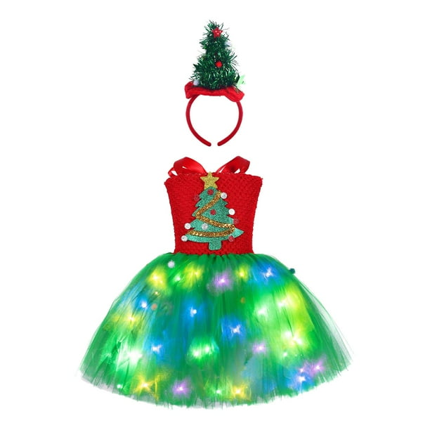 Vestido de de Navidad para niñas, vestido de fiesta de Navidad iluminado con diadema, luces LED, disfraz de Navidad para juegos de , SG