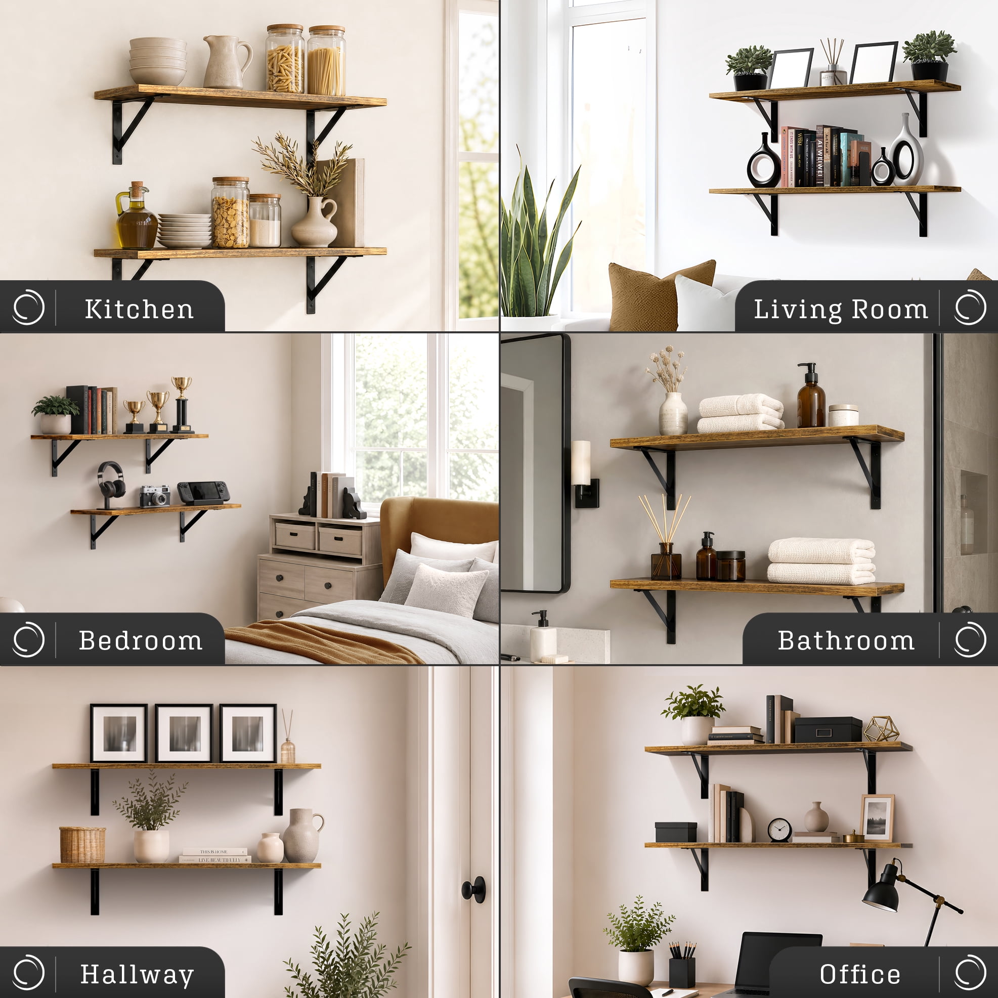 Sorbus Wall Shelves 31.5" with Black Metal Brackets, Floating Storage Shelves, Brown, Set of 2