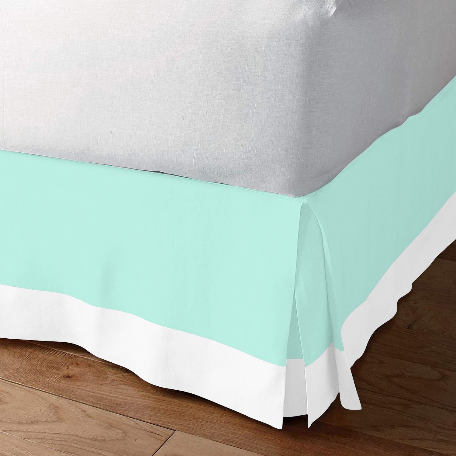Luxury 1 Piece Split Corner Two Tone Tailored Bed Skirt, Full Size 26 Inch Deep Pocket, 100% Egyptian Cotton, 800 Thread Count, Solid White/Aqua Blue Color.