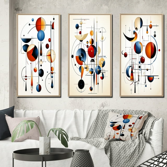 Designart "Minimal Geometry Mystery Source Codes IV" Art Mural Géométrique Moderne Encadré Ensemble de 3 - Cadre Abstrait Blanc sur Toile pour Décoration de Salon