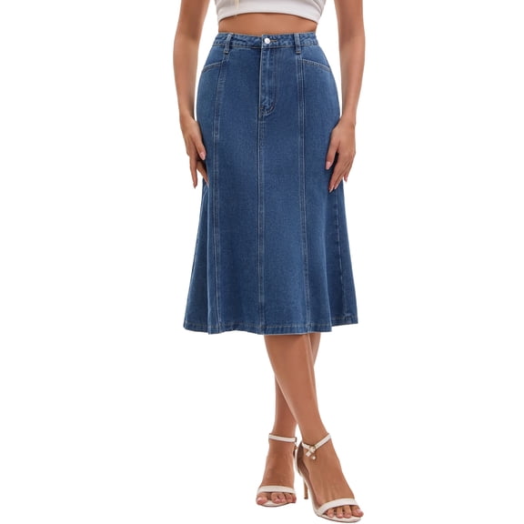 INSPIRE CHIC Women's Midi Jean Skirt High Waisted A-Line Fishtail Casual Denim Skirts M Blue