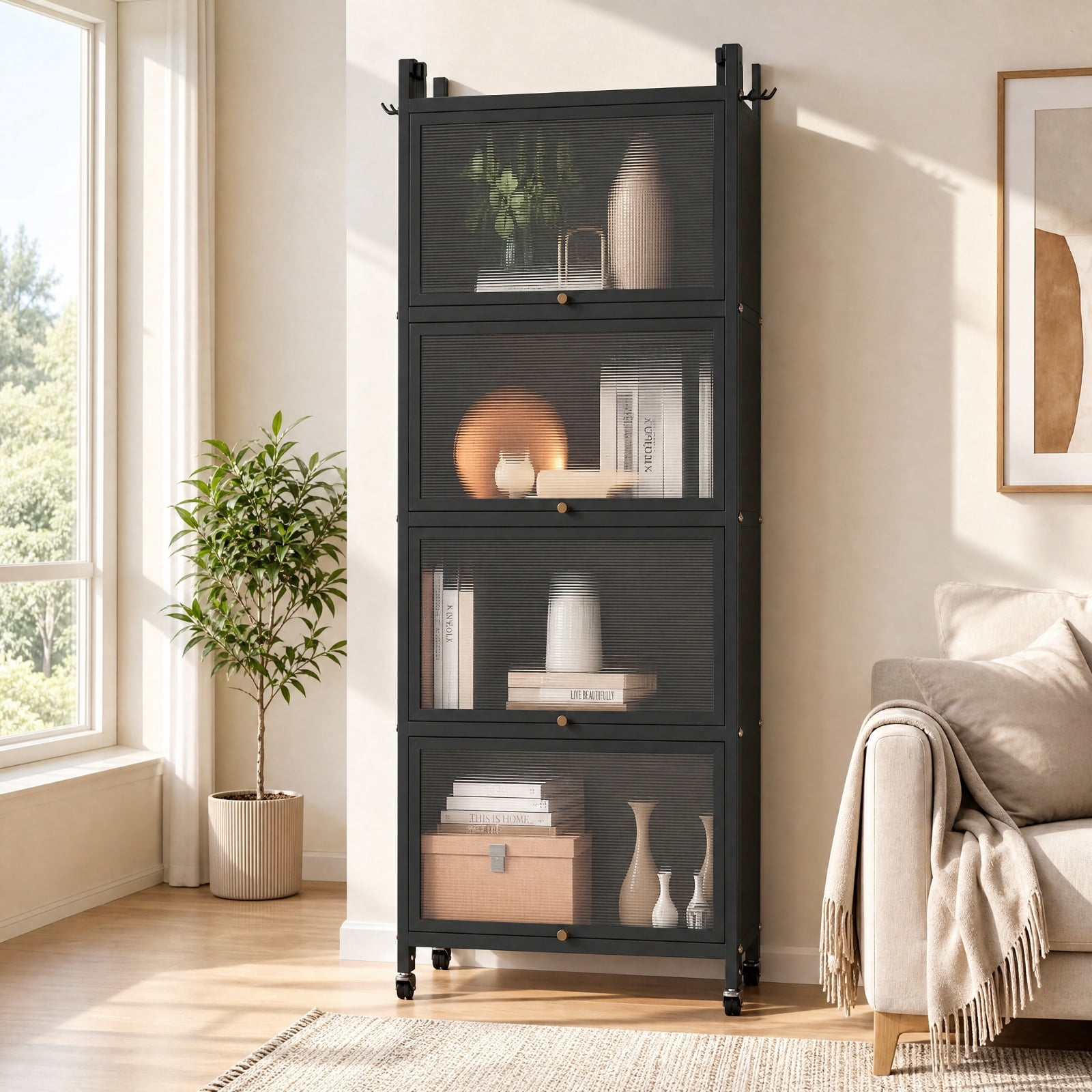 RUIE 5-Tier Metal Pantry Organizer Baker's Rack with Flip-up PC Doors, Rolling Kitchen Storage Cabinet with Universal Wheels and Golden Handles, Black