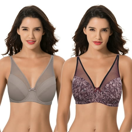 Curve Muse Plus Size Minimizer Underwire Bra with Floral and leopard Print-2pack (Size:38B)
