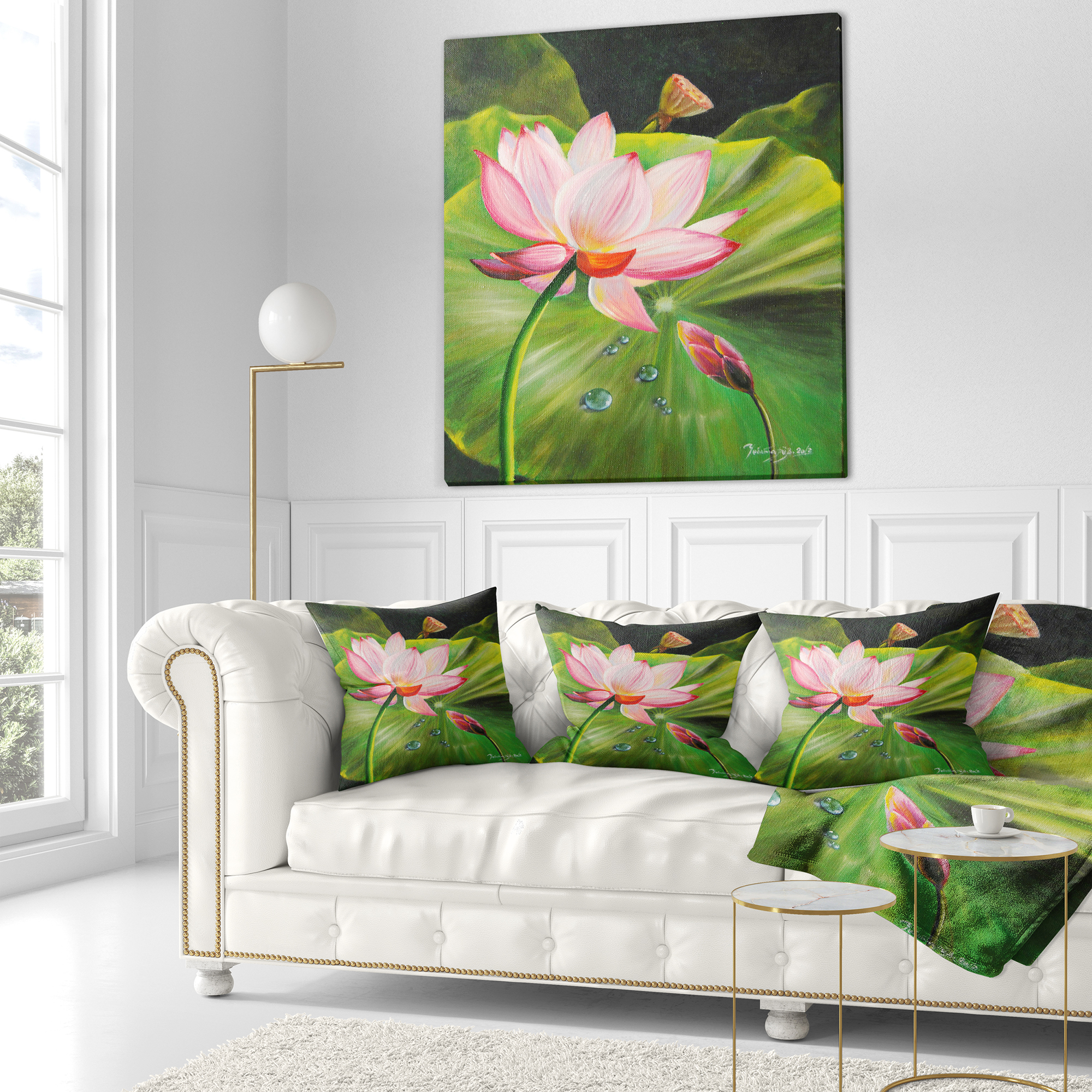 Designart Lotus and Water drops - Floral Painting Throw Pillow - 16x16