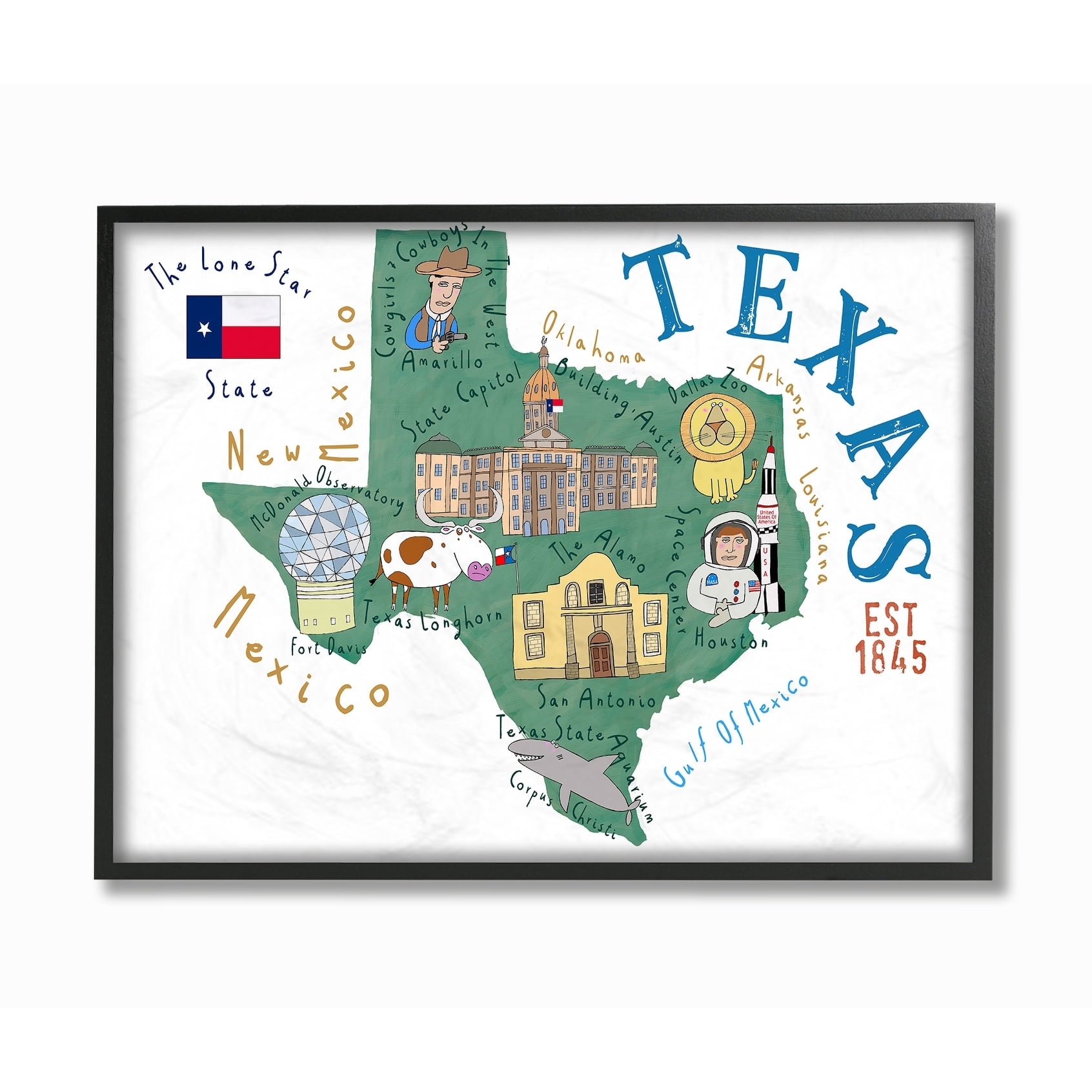 Stupell Texas Landmarks and Flag Illustrated Map Framed Art, 11 x 14, Design By Artist Carla Daly - Multi-Color 11 x 14