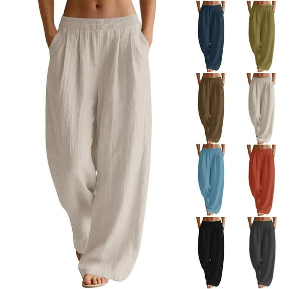 QATAINLAV Linen Pants Women Baggy Wide Leg Palazzo Pant Solid Casual Elastic Waist Travel Trousers with Pockets Beach Vacation Clothes, Army Green, XXXL
