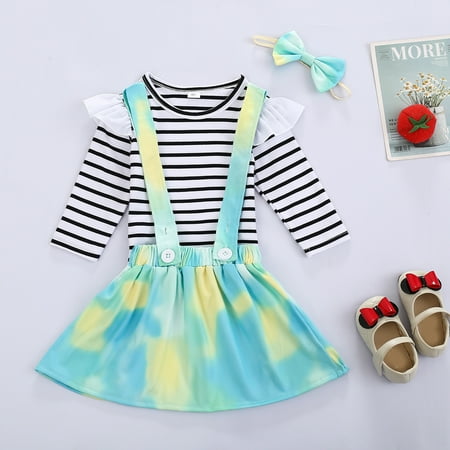 

BadyminCSL Newborn Baby Girl Long Sleeve Stripe Tops+Tie-Dye Suspender Skirt+Headband Set