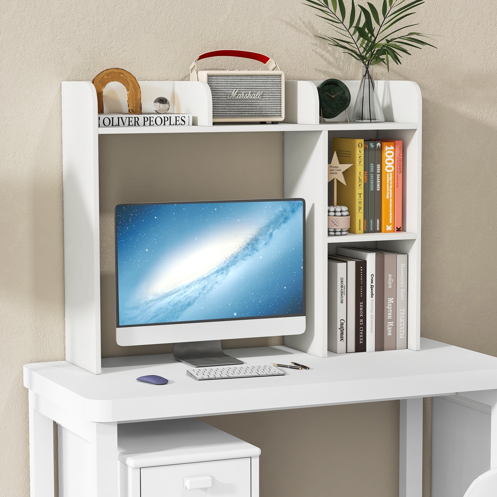 Giantex Desk Bookshelf, Wood Desk Hutch w/5 Shelves, Computer Table Display Rack, Organizer Shelf for Dorm Office Home, White