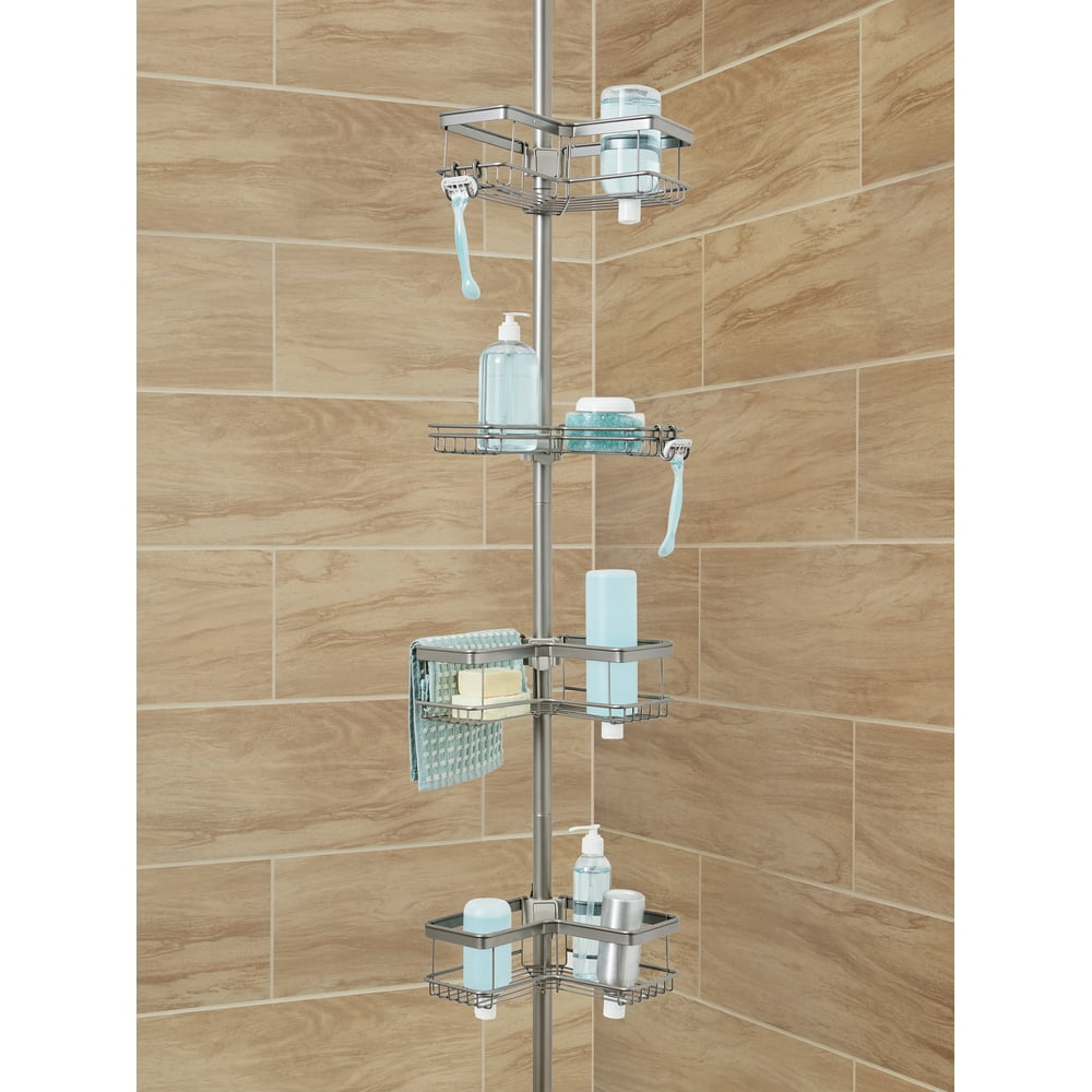 Better Homes & Gardens Contoured Tension Pole Shower Caddy with Removable Baskets, Satin Nickel