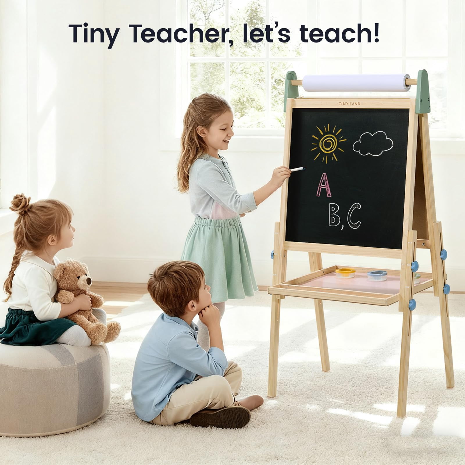 Tiny Land Easel for Kids, Adjustable Double-Sided Wooden Easel with Paper Roll, Whiteboard & Chalkboard, Multi-Functional Art Easel for 3-8 Years Old Boys & Girls