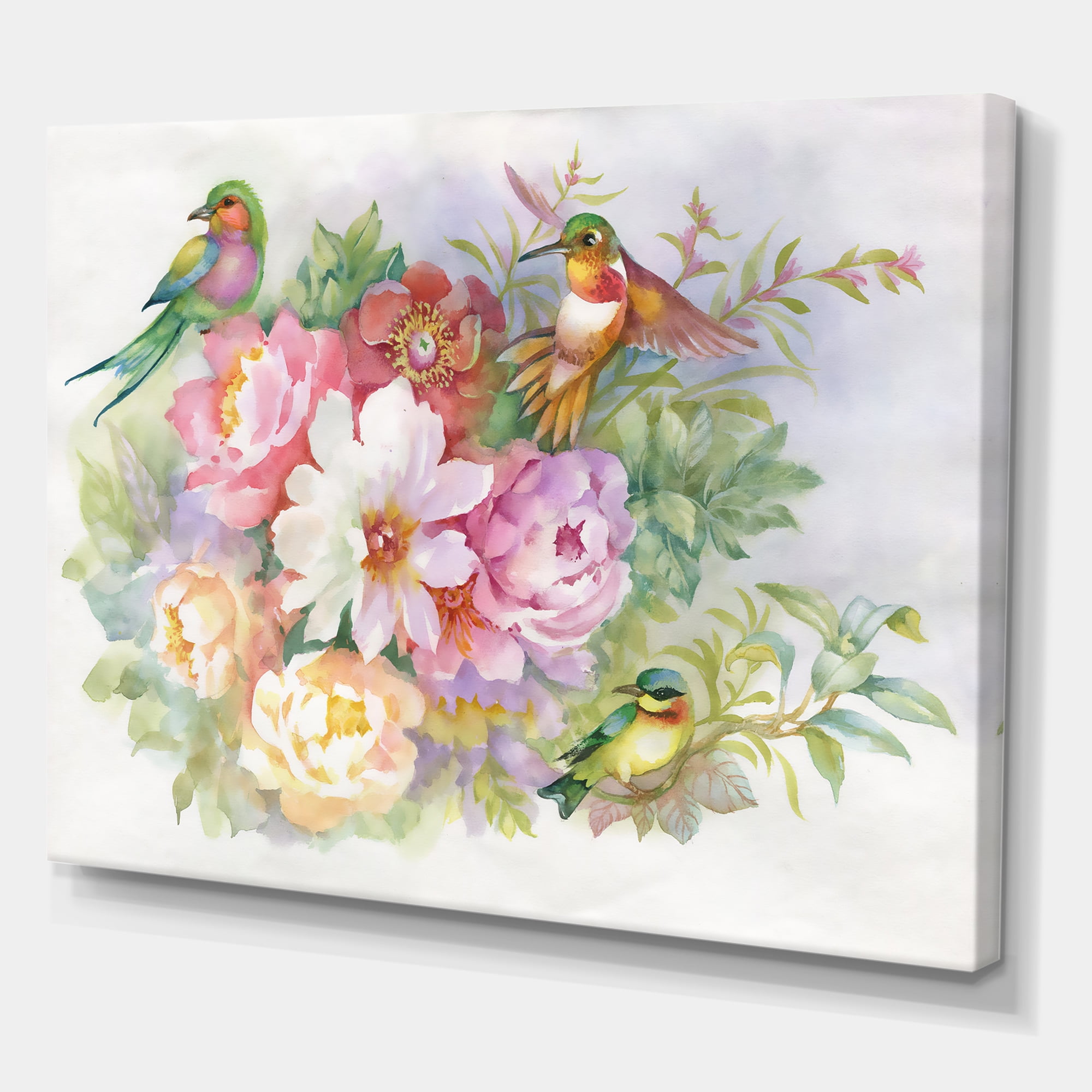 Designart ' Colourful Birds and Vibrant VIntage Flowers ' Traditional Canvas Wall Art Print