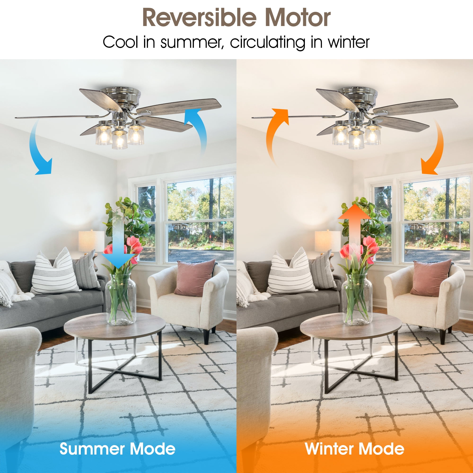 52" Modern Glass Shade Flush Mount Ceiling Fan with Remote and Light, Chrome Low Profile Chandelier Ceiling Fan