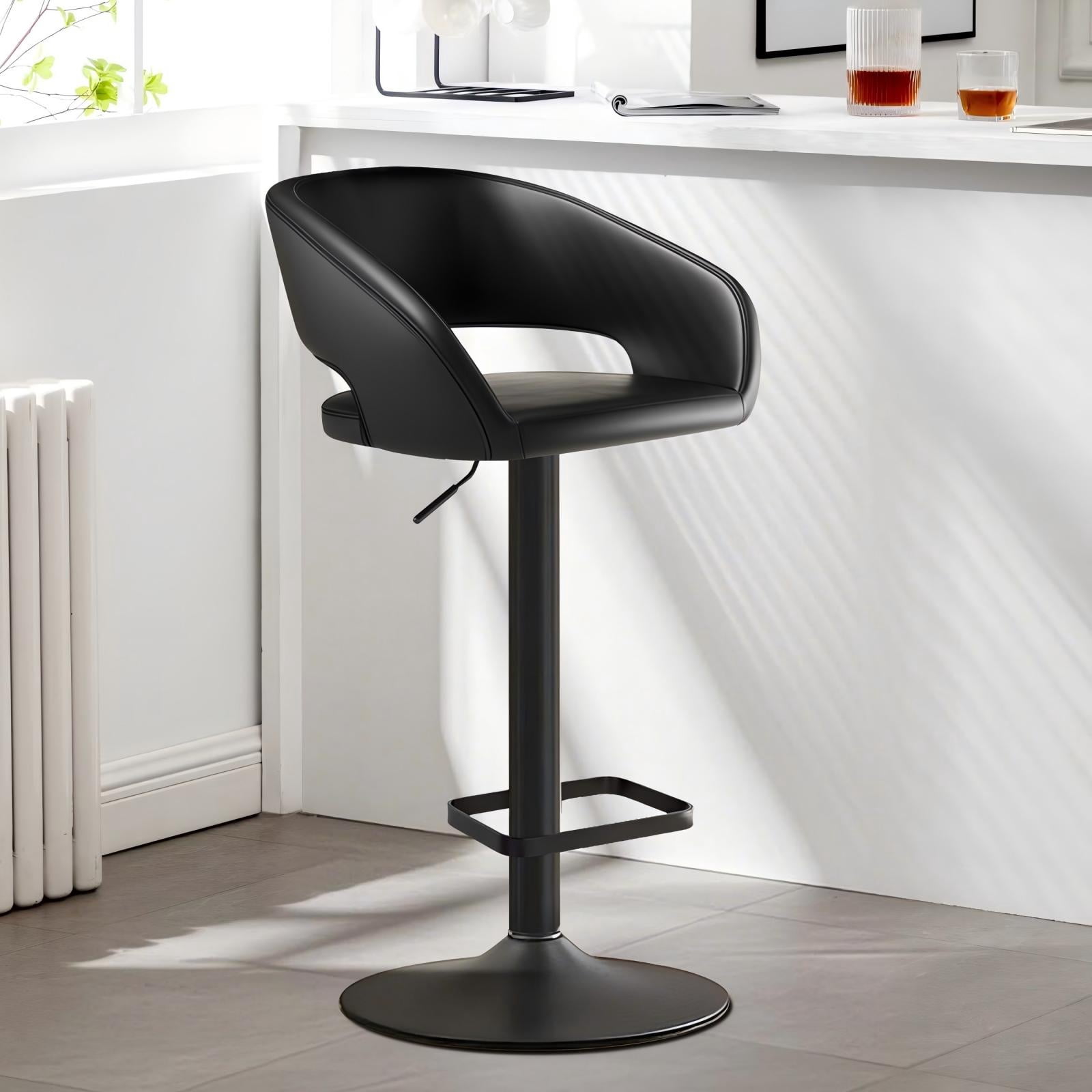 Modern Adjustable Bar Stools with PU Leather Seat, 360° Swivel Open Mid Back & Armrest Bar Stool– Ideal for Kitchen , Bar, Café, Counter Seating, Black