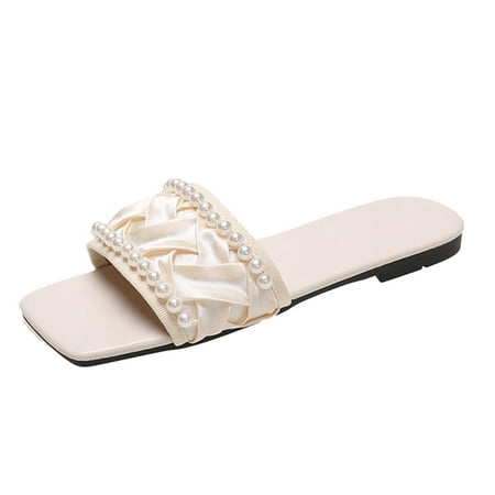 

uikmnh Women Slippers Summer Women Sandals Lightweight Flat Strap Casual Pleated Beach Slippers Beige 7.5