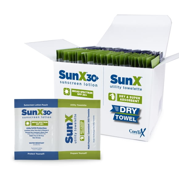 CoreTex Sun X 30+ Paquetes de protector solar de amplio espectro y toallas secas Duo Kit – Paquete de 25 octinoxato de parabeno oxibenzona y protector solar sin aceite – Sin yeso blanco y resistente a