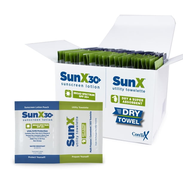 CoreTex Sun X 30+ Paquetes de protector solar de amplio espectro y toallas secas Duo Kit – Paquete de 25 octinoxato de parabeno oxibenzona y protector solar sin aceite – Sin yeso blanco y resistente a