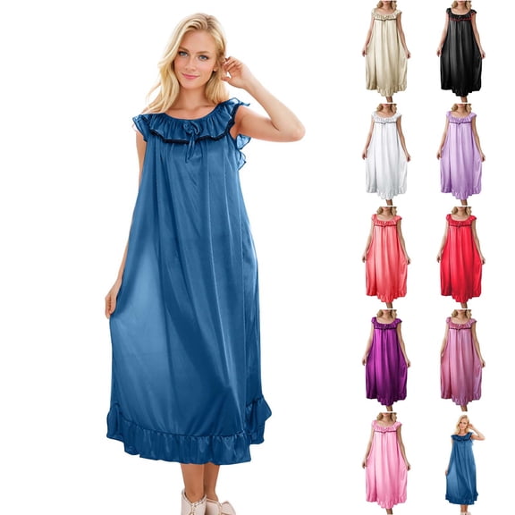 Asxite Womens Pajamas Solid Ice Satin Lace Sleeveless Midi Nightgown Summer