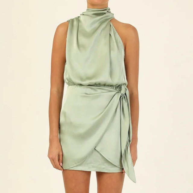 Vestido Corto De Satén Mini vestidos de mujer sin mangas con cuello simulado vestido de línea A para cóctel (verde L) Cgtredaw Para estrenar