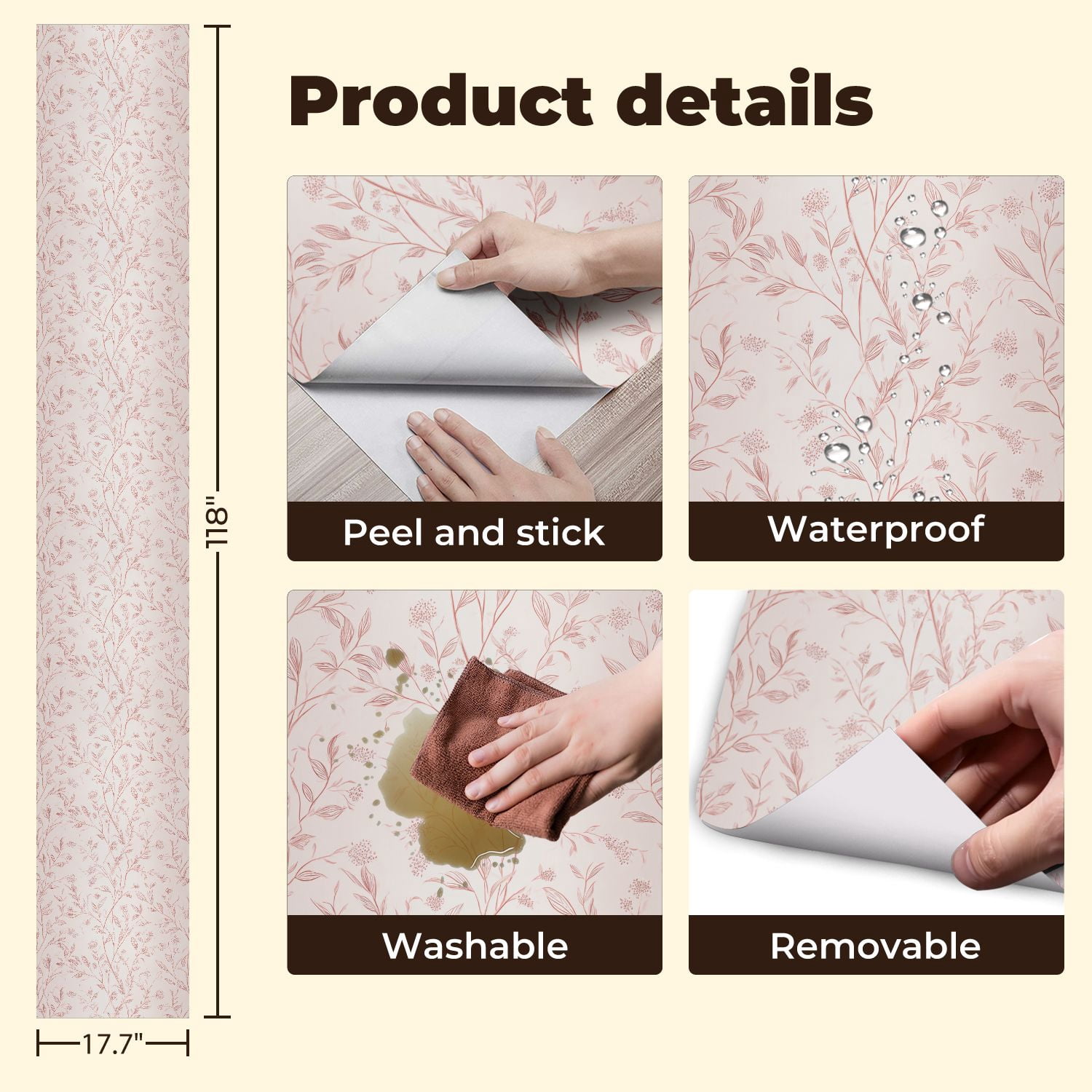 Peel and Stick Wallpaper Delicate Floral Soft Pink Tones Elegant Line Art Wall Mural 17.7in x 9.8ft Self Adhesive Removable Wall Paper Renter Friendly Wallpaper for Nursery Bedroom Cabinets