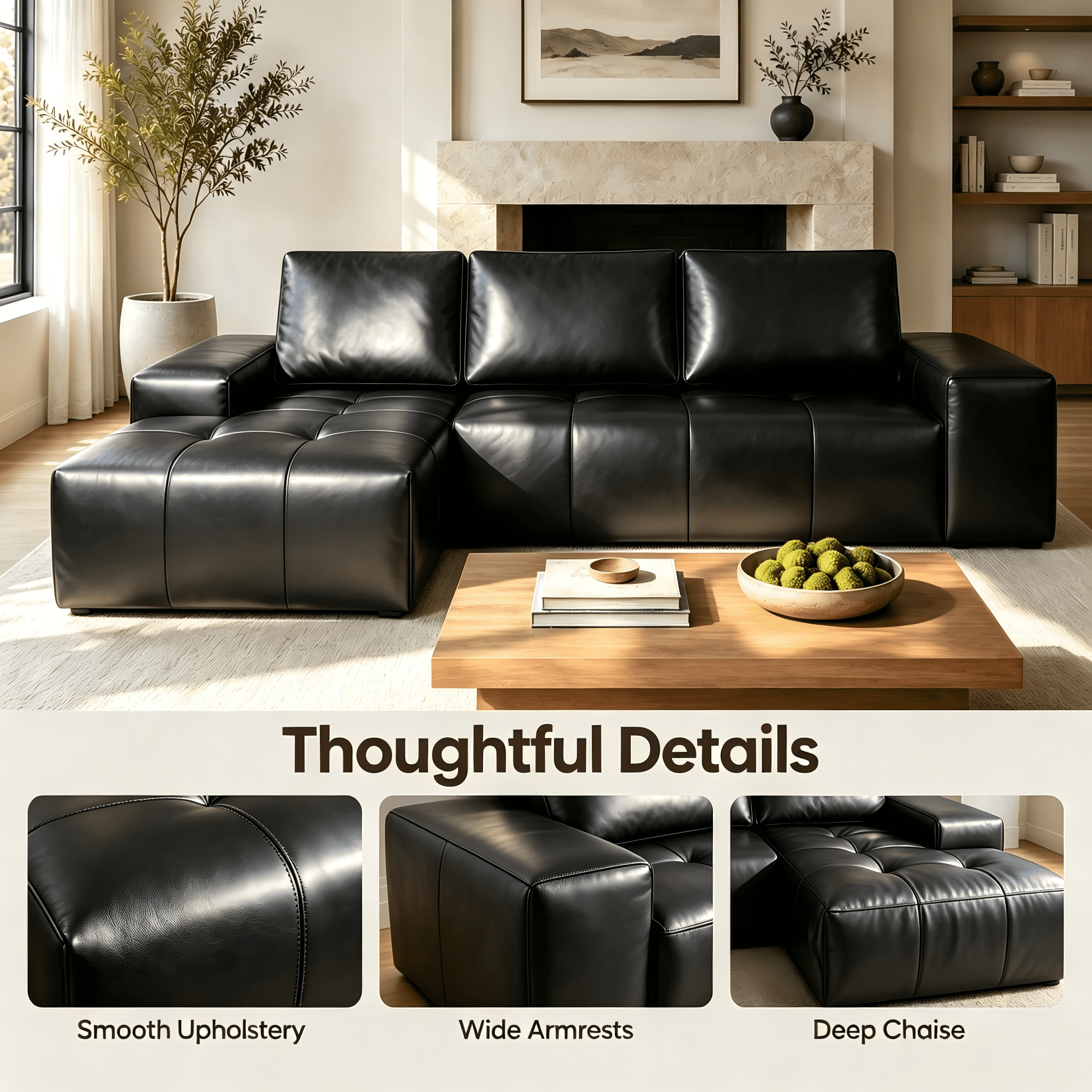 Aenkyo 114" Faux Leather L-Shaped Sectional Sofa with Left Hand Chaise, Boneless Modular Couch, Black