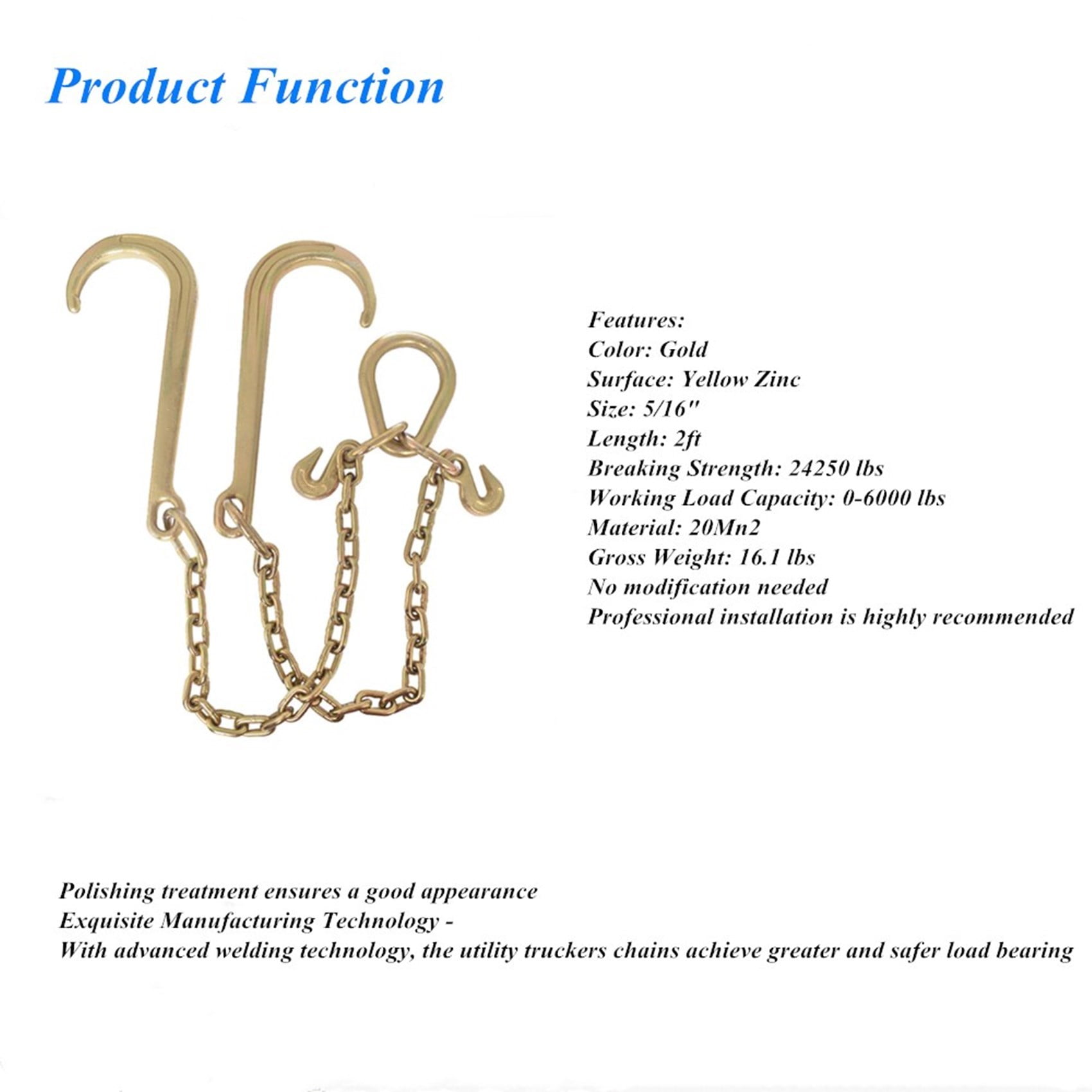 LABLT 5/16" x 2' G70 Tow Chain J-Hooks V-Chain Flatbed Truck Rollback Wrecker Carrier