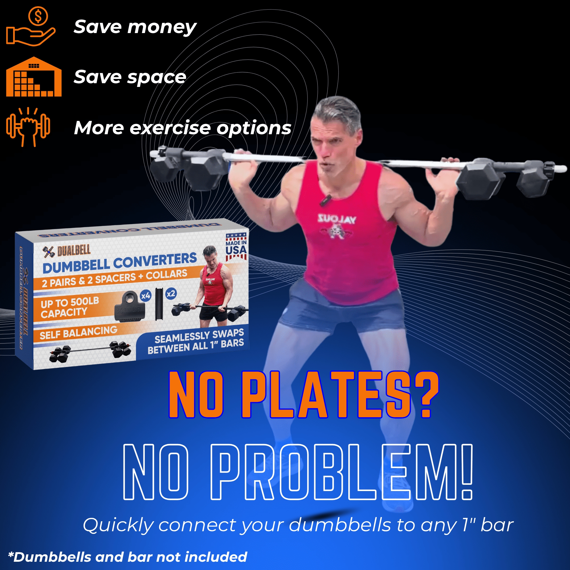 Dualbell Dumbbell Converters Superset w/Black Collars for 1" Bar- Dumbbells to Barbell Adapters