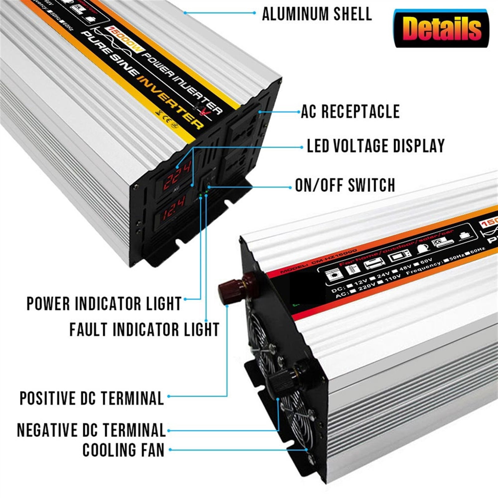 Pure Sine Wave Solar Inverter 10000W-20000W Pure Sine Wave Power Inverter Car Solar Inverter Voltage Transformer DC 12V To AC 220/110 Socket Converter Invertor ,Portable Design