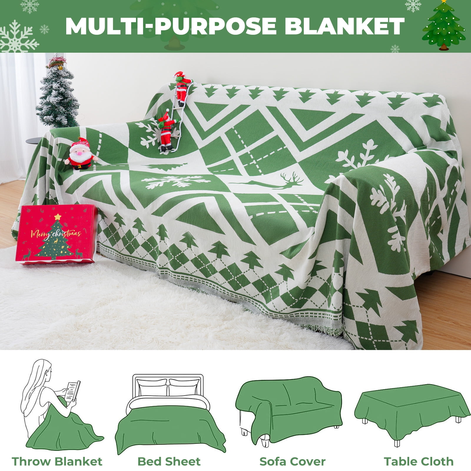 Sanmadrola Boho Sofa Cover Chenille Couch Covers Blanket Furniture Protector for Sectional Sofa, Anti Slip Couch Covers for 2 Cushion Couch, Washable Slipcover for Dog (Xmas Green, 71"x102")