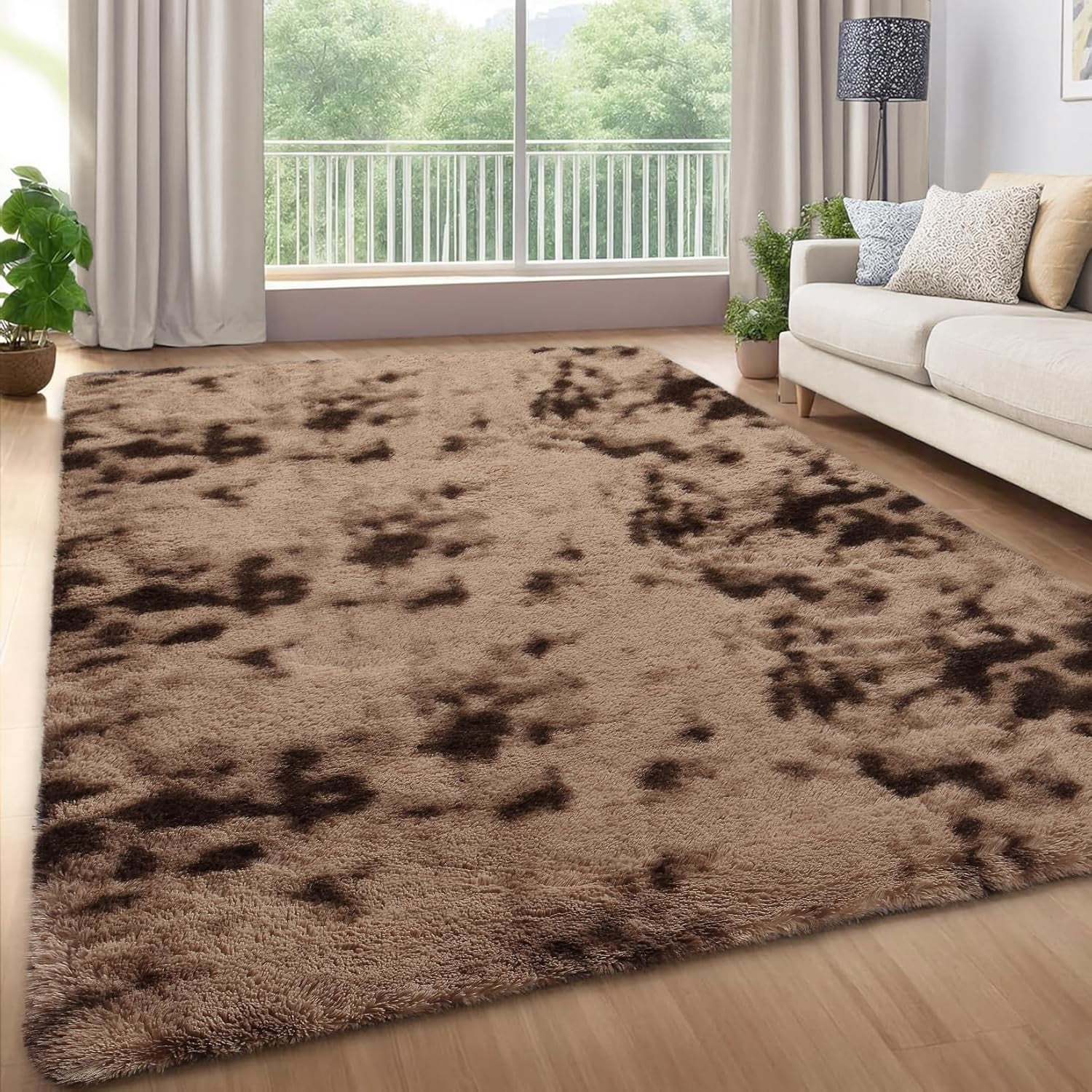Memoryfield 6' x 9' Area Rug, Tie-Dye Plush Non-Skid Rug, for Bedroom Living Room Nursery, Brown