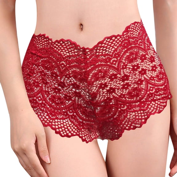 vigerkar Women's Hollow Sexy Lace High Waist Panties Breathable See Through Underwear Red, M