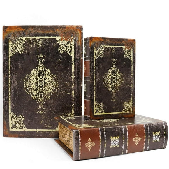 Jolitac Decorative Book Boxes World Map Pattern Antique Book Invisible box with Magnetic cover, Faux Wood Set of 3 Storage Set (Dark Vintage)